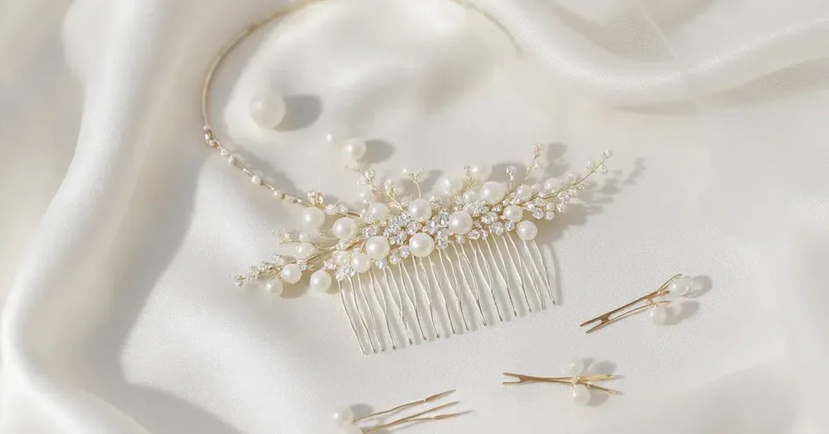 Accessoires cheveux de mariée : peigne perles, headband doré et épingles fleuries sur soie ivoire