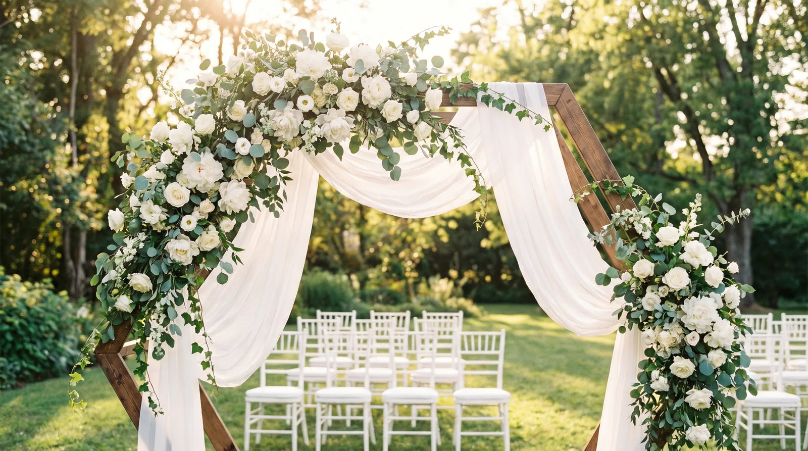 Arche de mariage decoree de roses blanches eucalyptus dans un jardin ensoleille