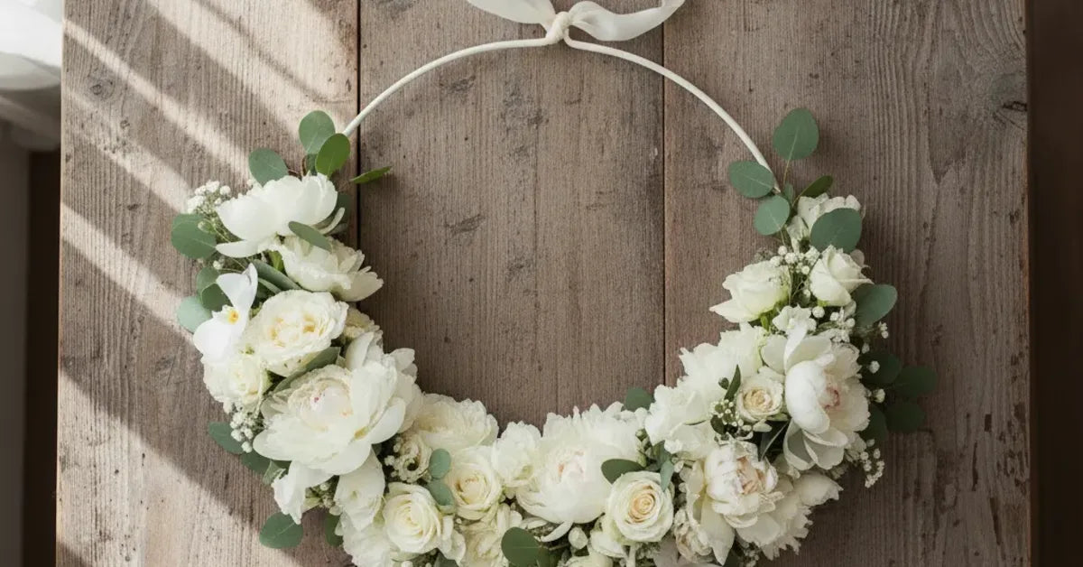 Bouquet de mariée original en cerceau fleuri posé sur une table en bois clair