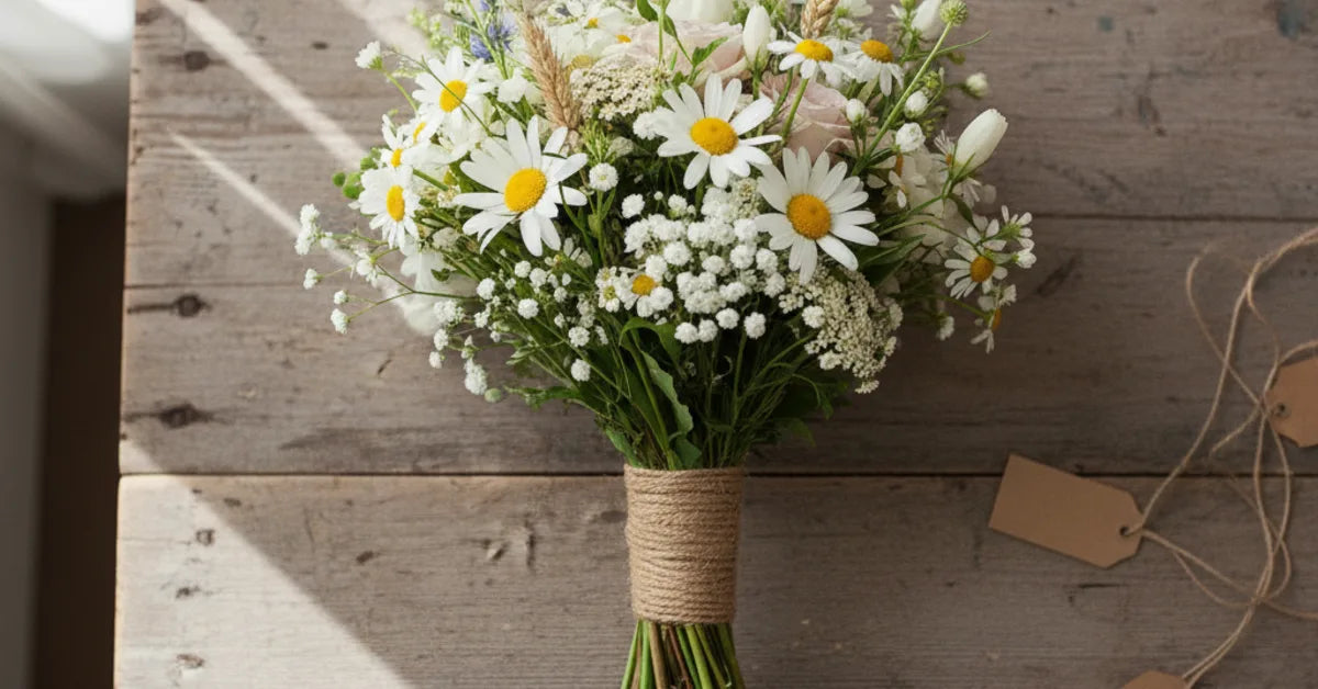 Bouquet de mariée champêtre en fleurs des champs posé sur une table en bois brut