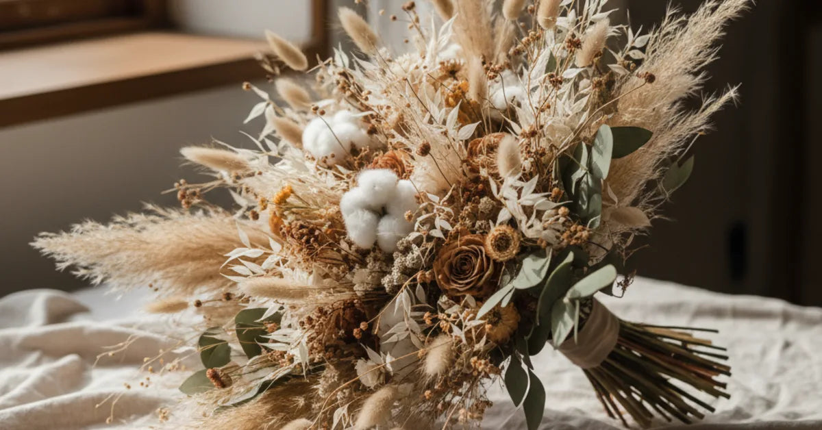 Bouquet de mariée en fleurs séchées aux tons beige et terracotta tenu à deux mains