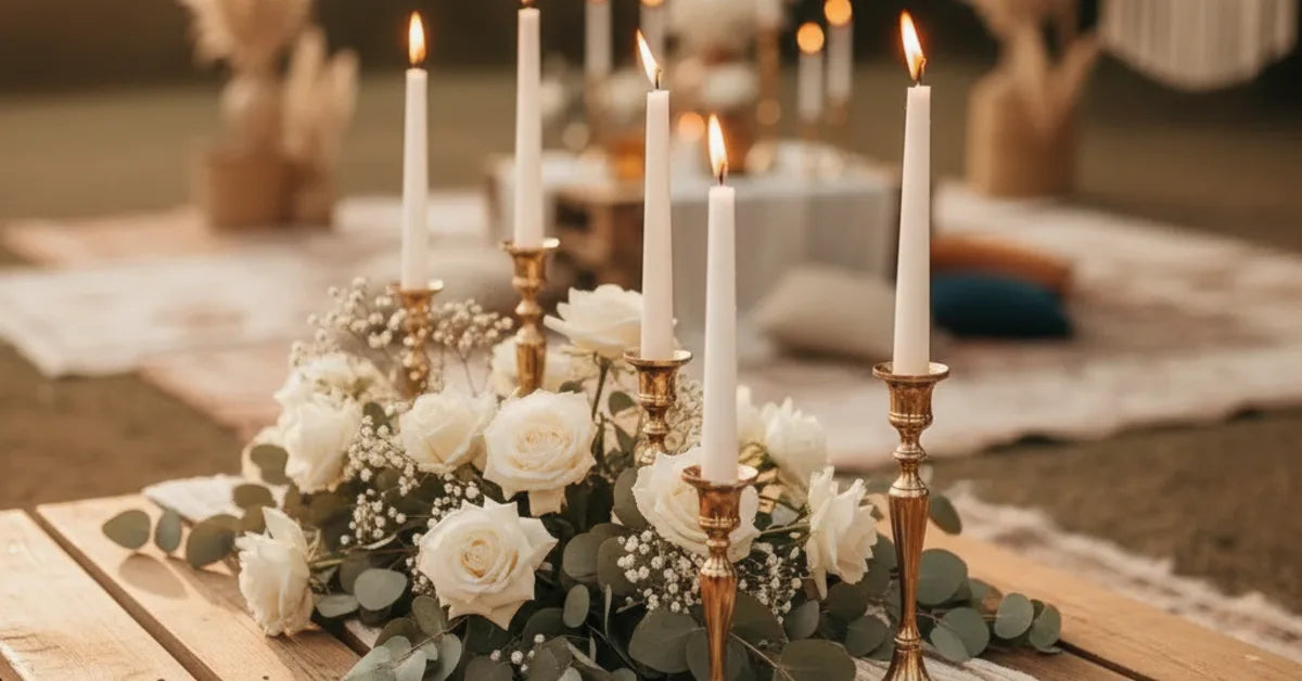 Centre de table de mariage avec bougies hautes, eucalyptus et roses blanches