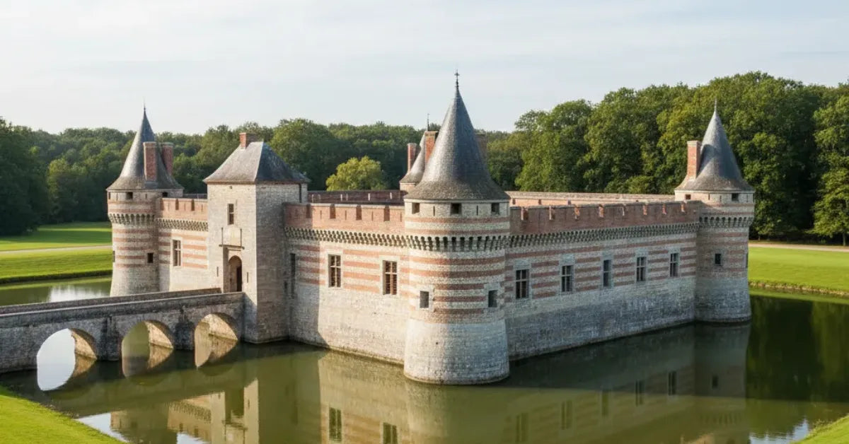 Château normand en pierre et brique entouré de douves et de pelouses