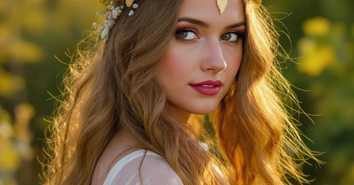 Mariée bohème aux cheveux longs ondulés ornés de fleurs des champs et headpiece doré au golden hour