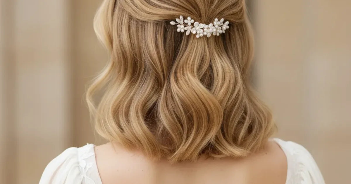 Coiffure de mariée sur cheveux carré ondulés vue de dos avec pince ornée