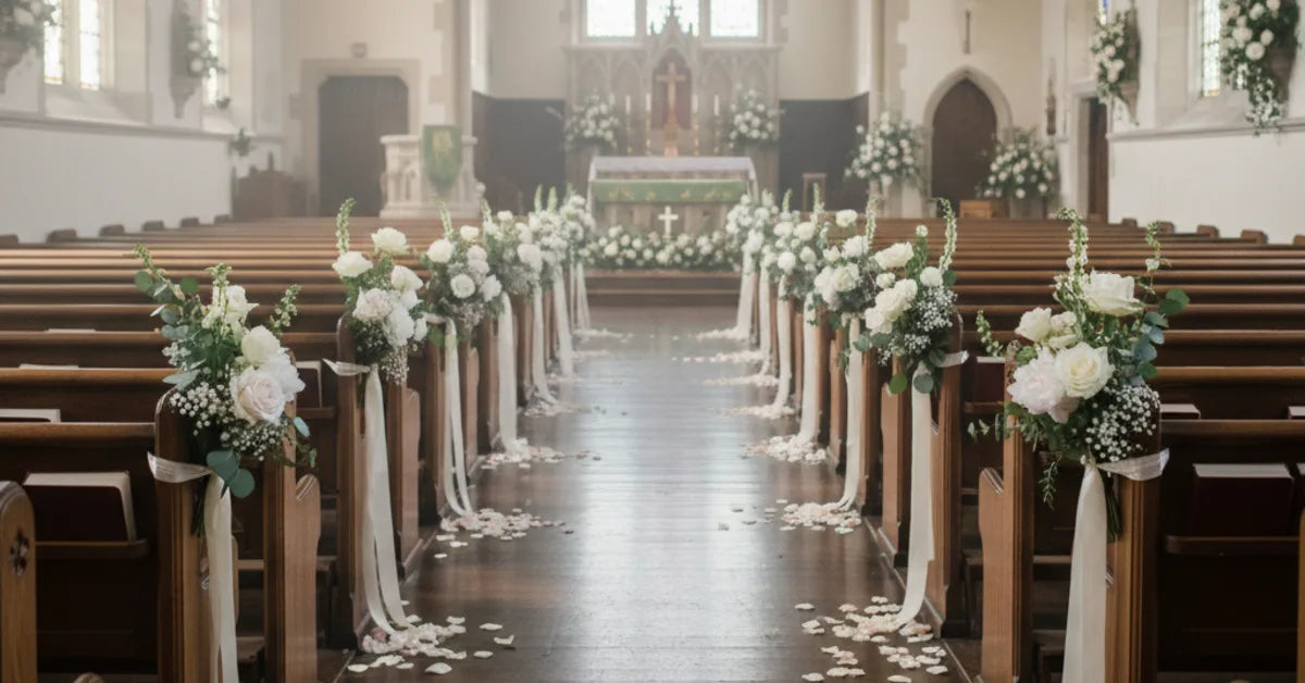 Allée d'église bordée de bancs fleuris avec pétales au sol avant l'entrée du cortège
