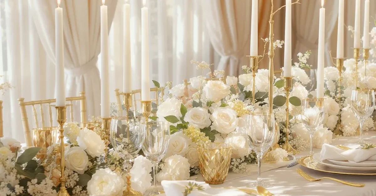 Décoration de mariage blanc et or : table avec roses blanches, bougeoirs dorés et verrerie élégante