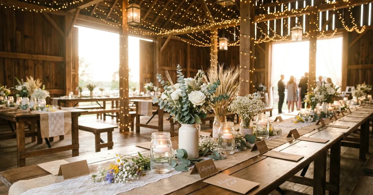 Décoration mariage champêtre dans une grange avec tables longues fleurs sauvages et bougies dorées