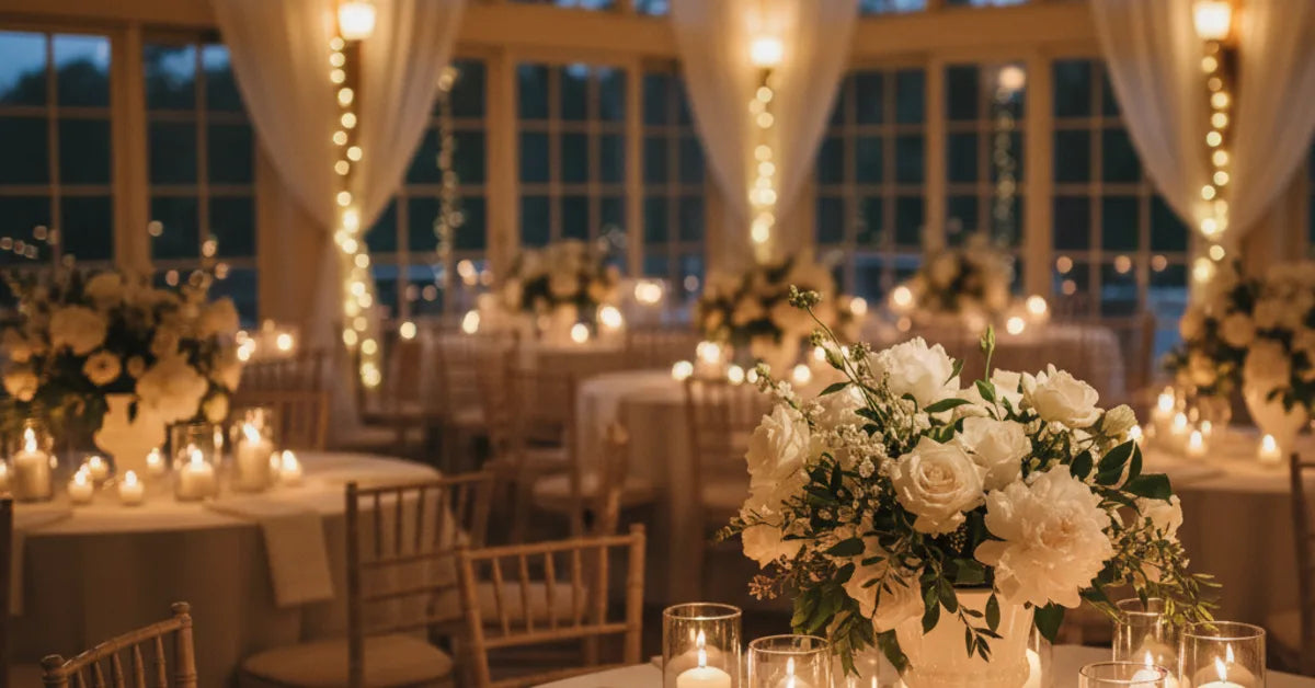 Salle de réception de mariage décorée de fleurs blanches, bougies et nappes claires
