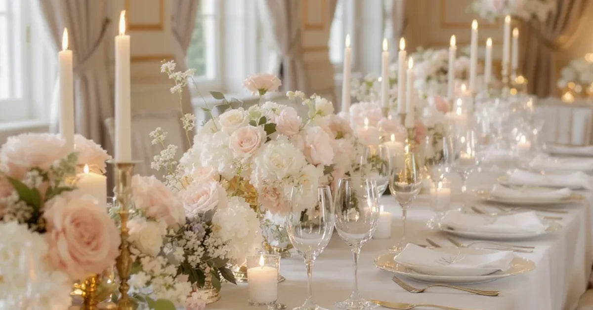 Décoration de table de mariage élégante avec fleurs blanches et roses, bougies et art de la table raffiné