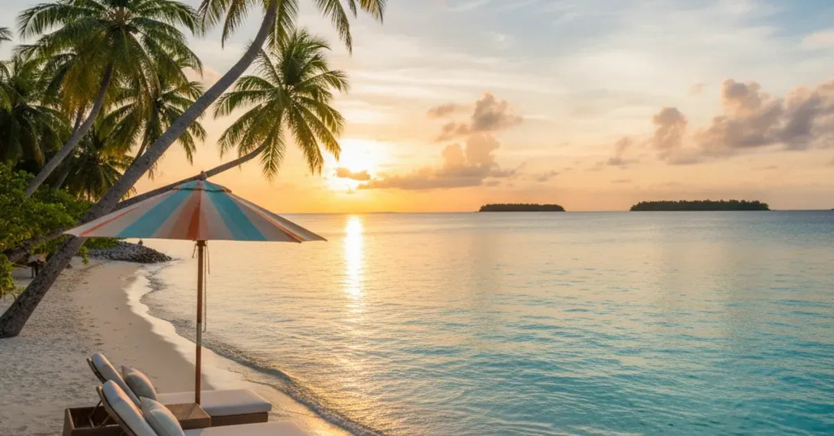 Lagon turquoise bordé de palmiers avec transats et parasol au coucher du soleil