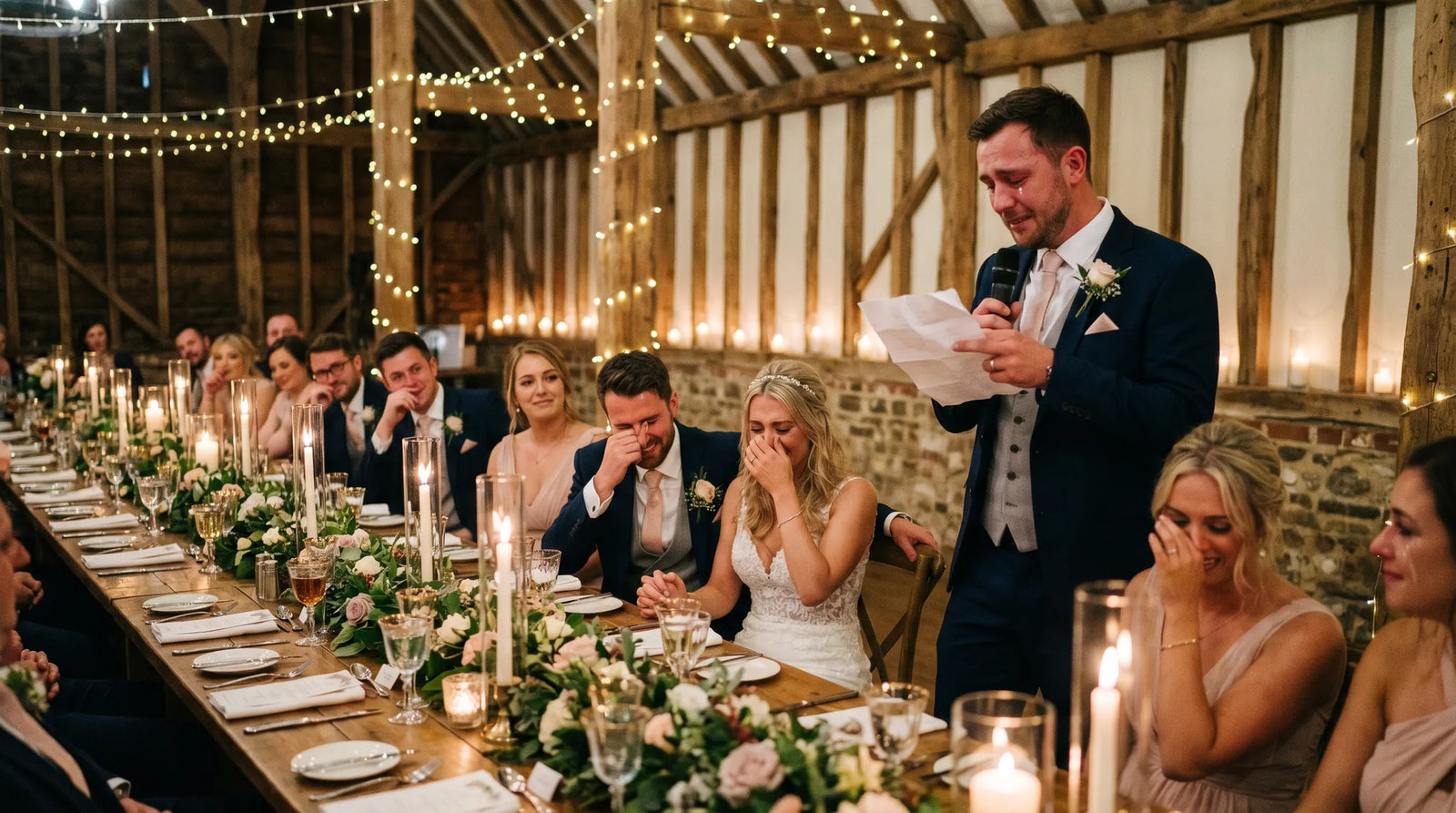Temoin lisant un discours de mariage emouvant lors du diner dans une grange