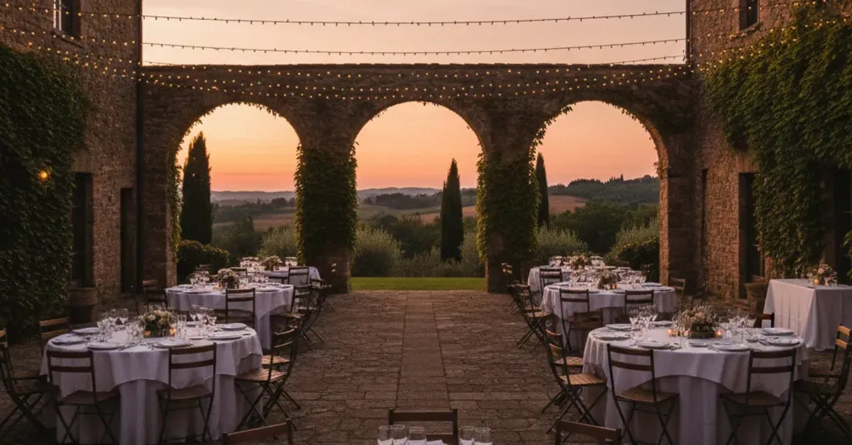 Domaine de mariage en pierre avec cour intérieure, guirlandes et tables dressées