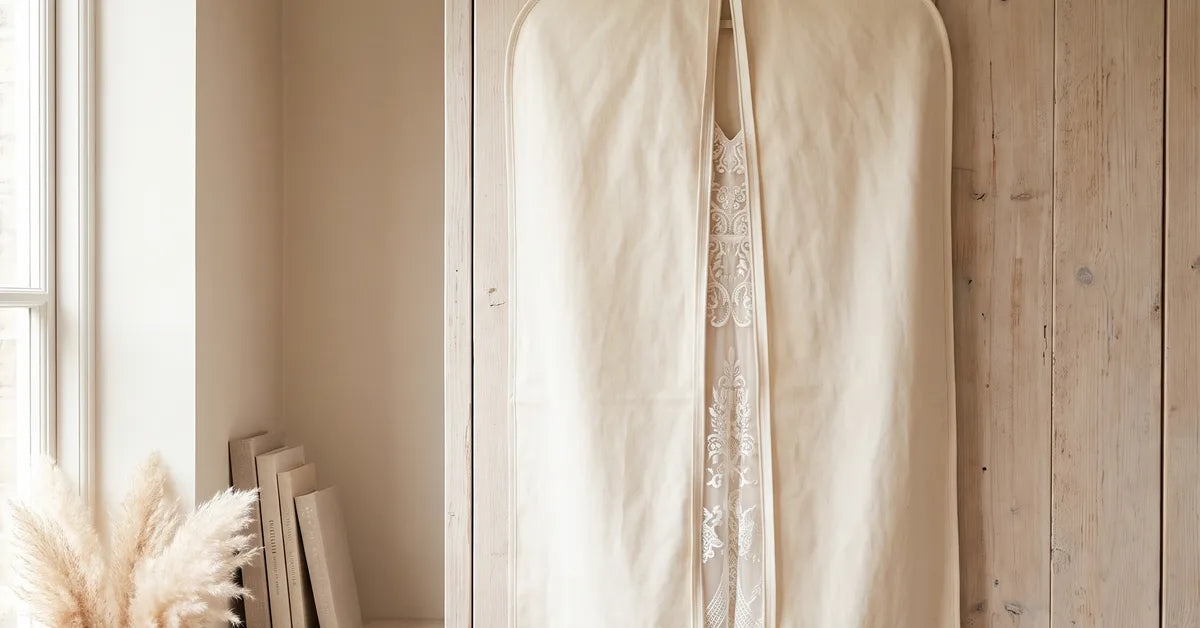 Housse de robe de mariée en coton entrouverte sur une robe en dentelle
