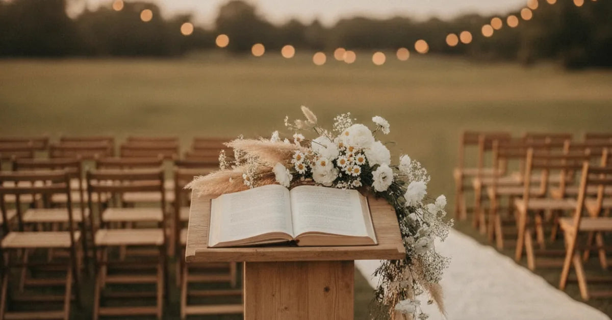 Pupitre de cérémonie avec livre ouvert et fleurs blanches devant des rangées de chaises