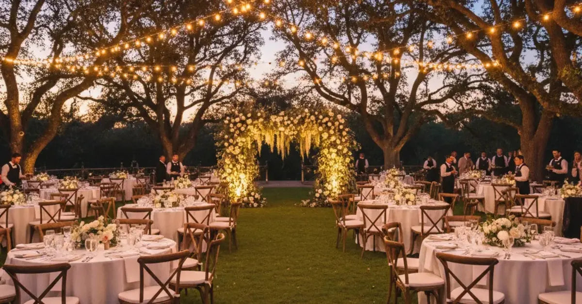 Lieu de réception de mariage en extérieur avec chaises, arche et guirlandes lumineuses