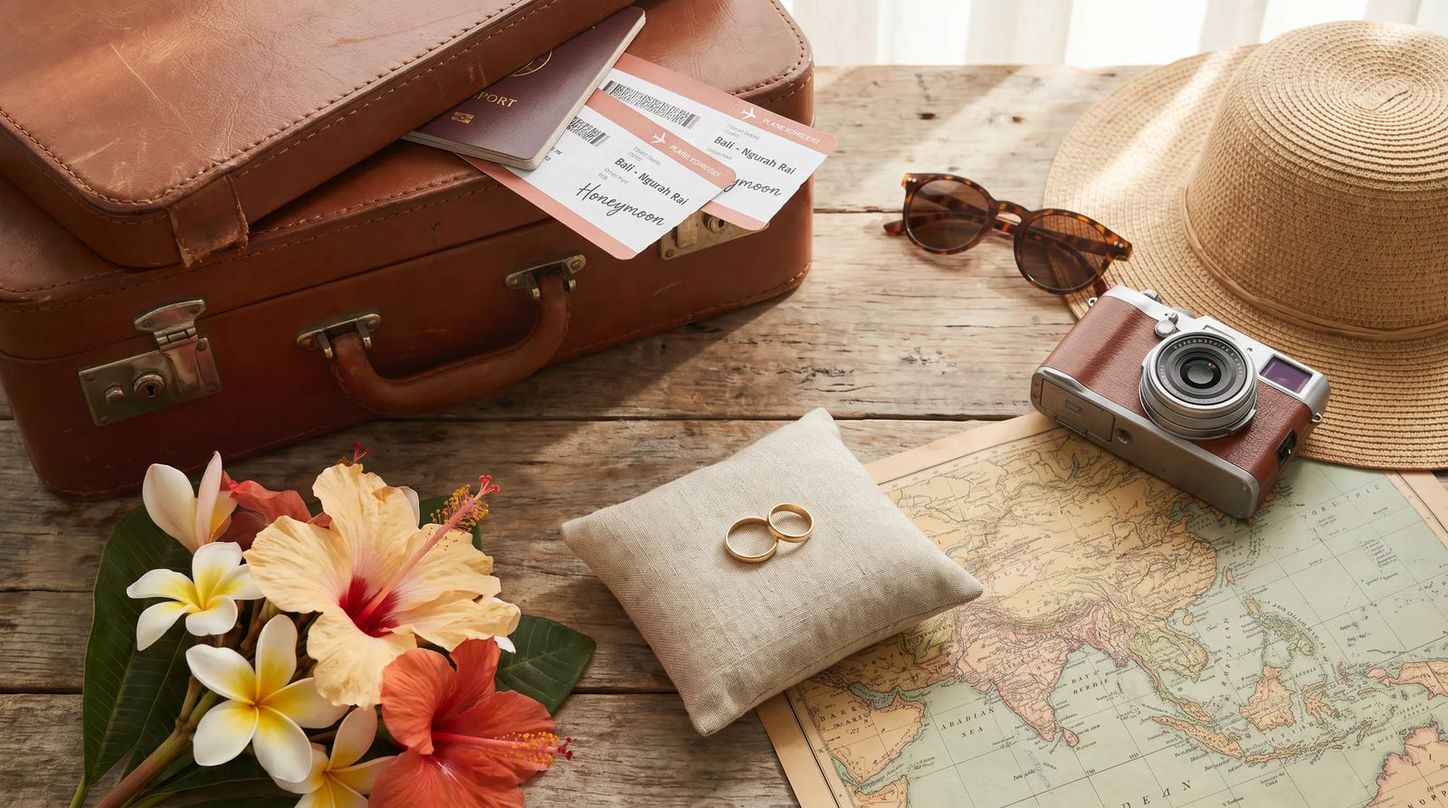 Liste voyage de noces avec valise passeport billets et fleurs tropicales