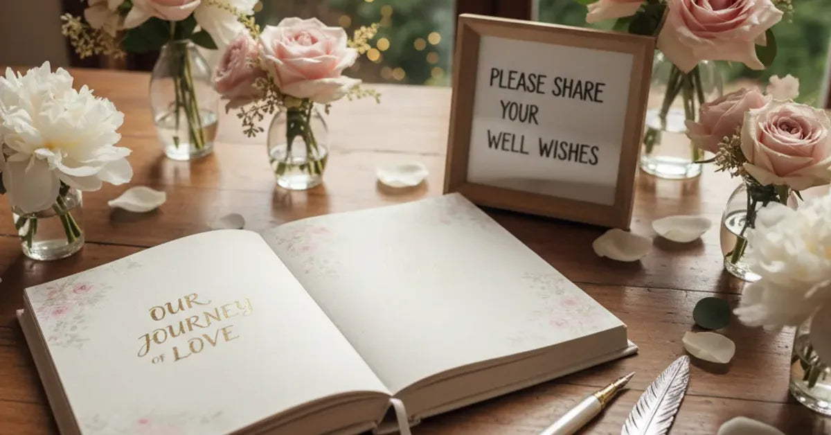 Livre d'or de mariage ouvert sur une table décorée avec stylos et fleurs