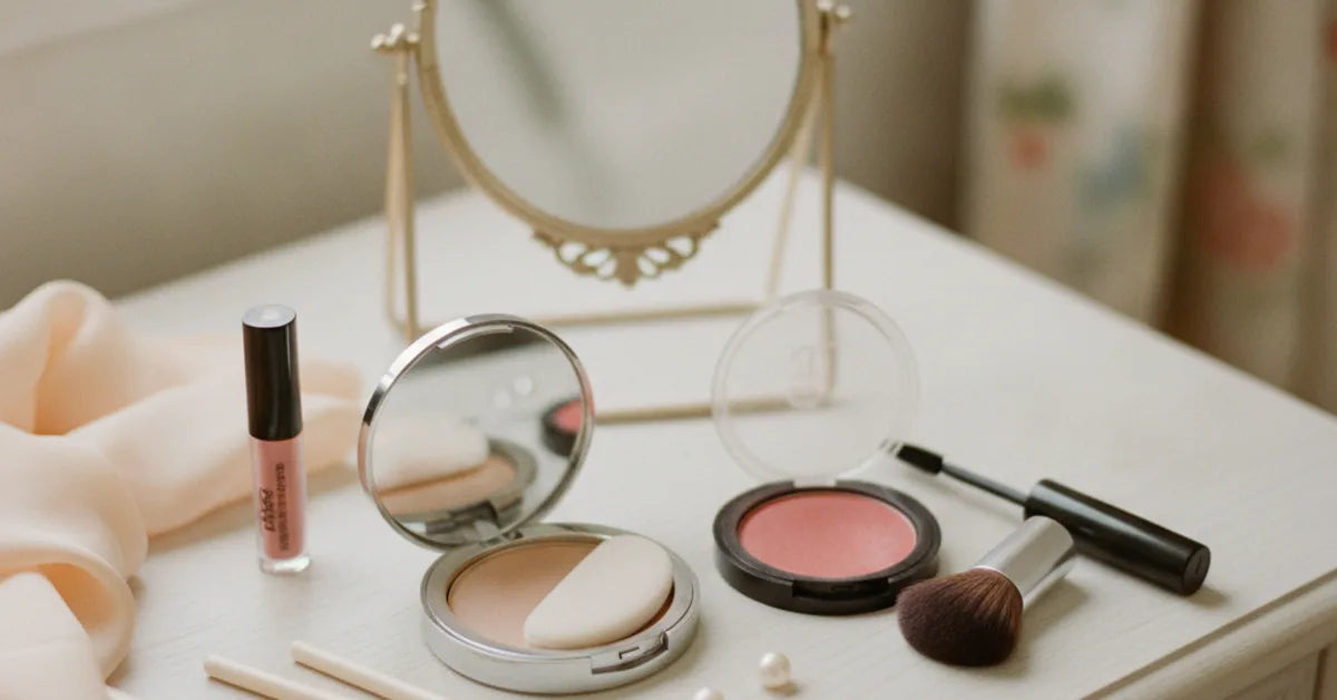 Produits de maquillage d'invitée de mariage disposés sur une coiffeuse claire