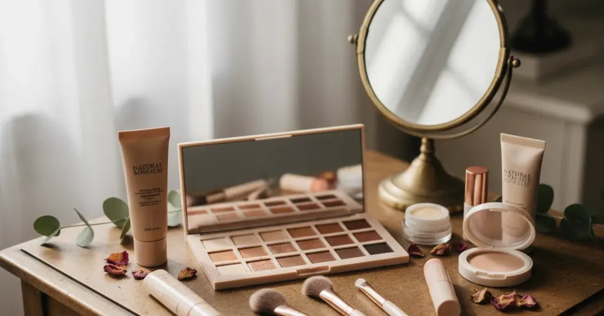 Maquillage de mariée naturel en cours d'application avec pinceaux et palette nude