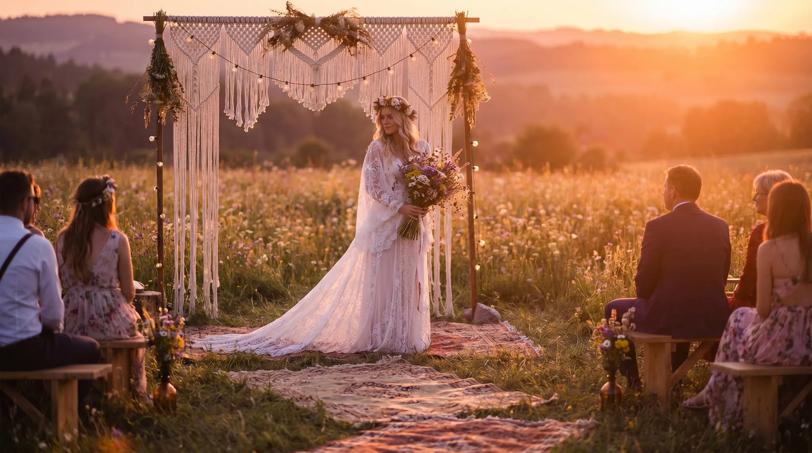 Mariage boheme prairie fleurs sauvages coucher de soleil arche macrame