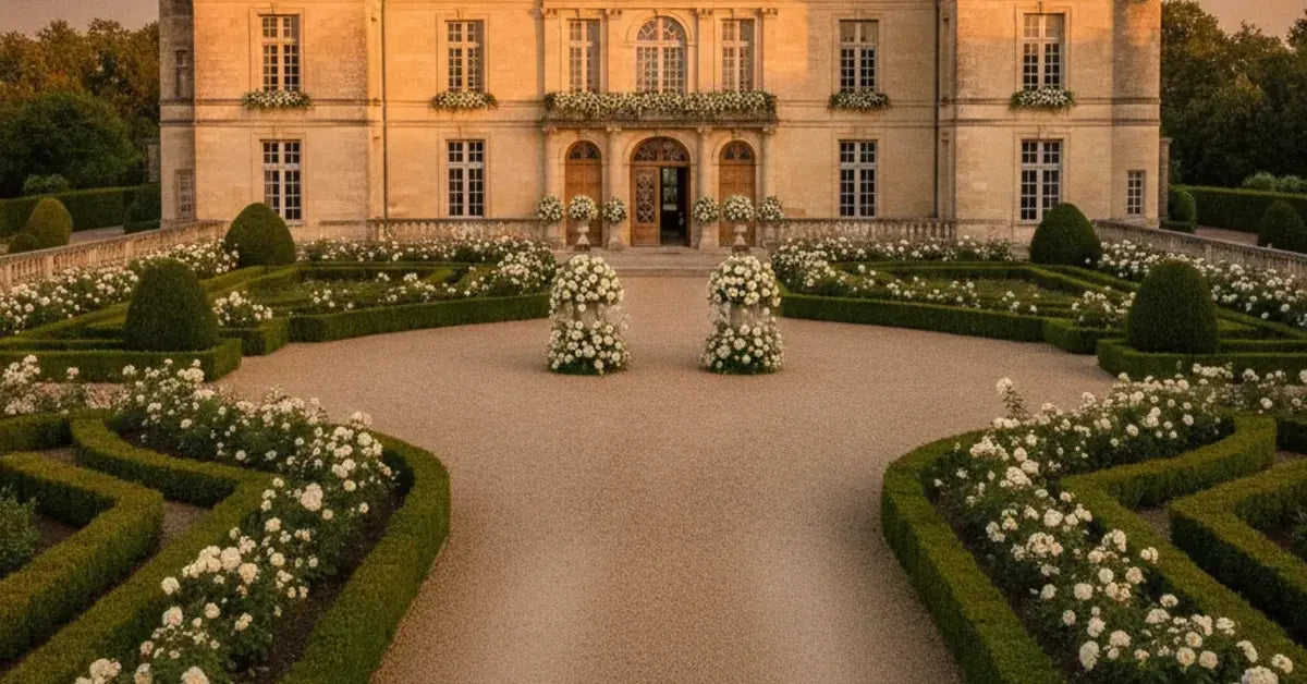 Château français avec allée gravillonnée et jardins à la française préparé pour un mariage