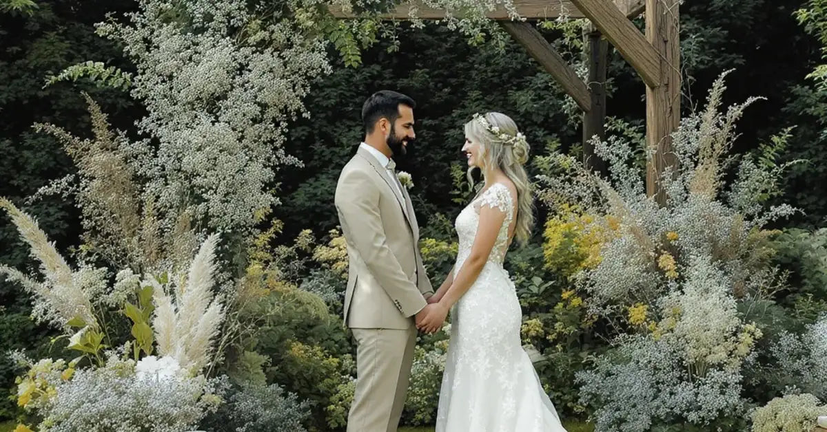 Mariage éco-responsable en extérieur avec fleurs des champs, plantes en pot et lin naturel