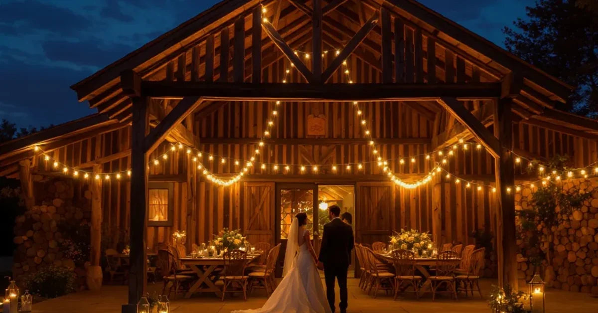 Mariage dans une grange rustique avec poutres en bois, guirlandes lumineuses et grandes tables