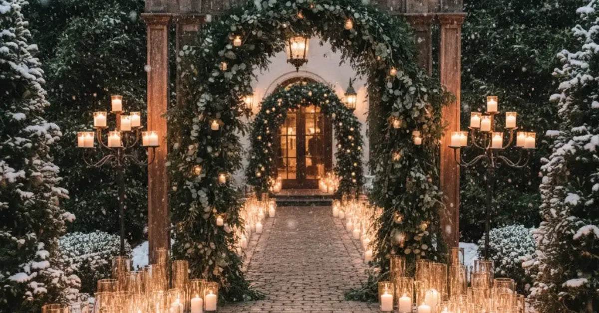 Entrée d'un lieu de réception décoré de sapin et de bougies sous la neige