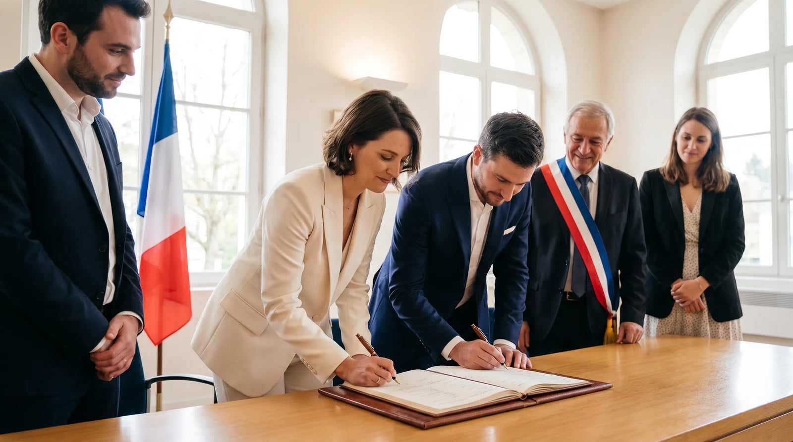 Couple signant le registre civil mariage PACS dans une mairie