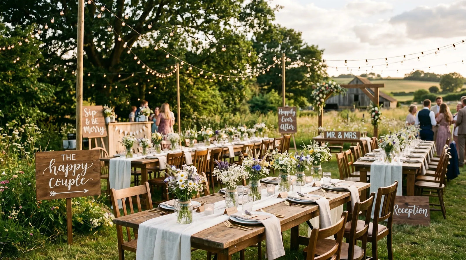 Mariage rustique petit budget en exterieur avec tables bois et lumieres