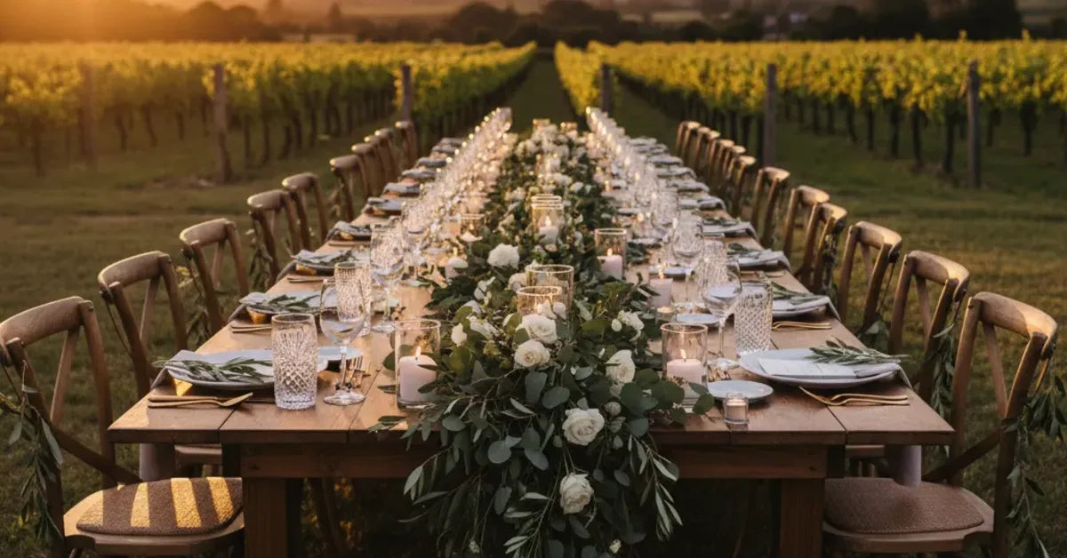 Table de mariage dressée entre les rangs de vigne au coucher du soleil