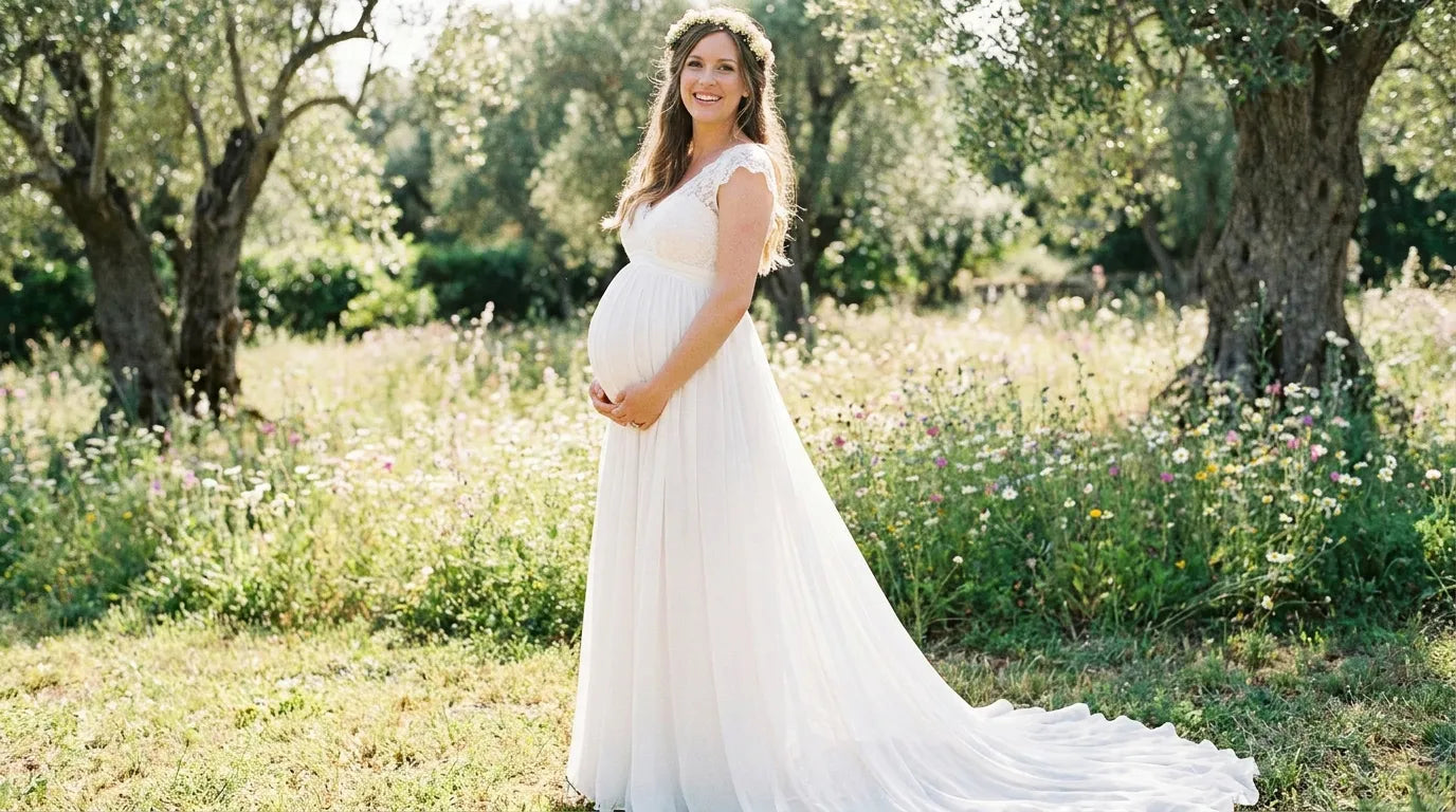 femme enceinte en robe de mariée dans un champs