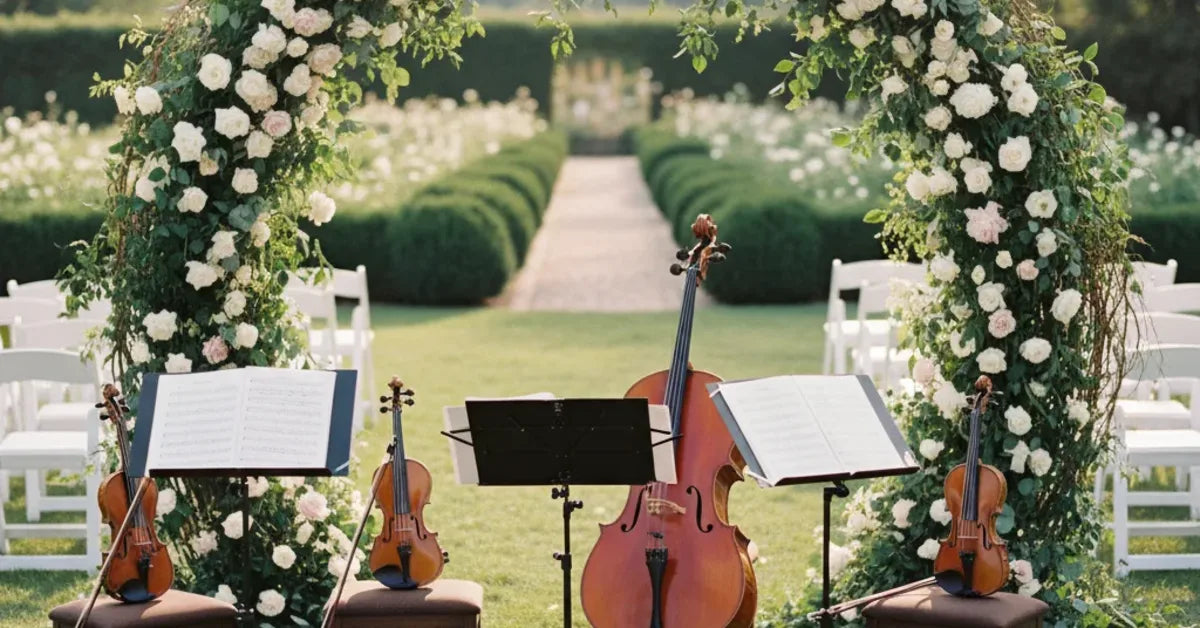 Quatuor à cordes installé devant une arche fleurie pour une cérémonie de mariage