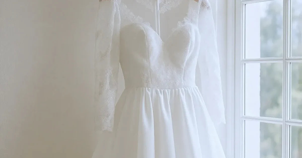 Robe de mariée blanche immaculée sur cintre près d'une fenêtre lumineuse, dentelle et satin