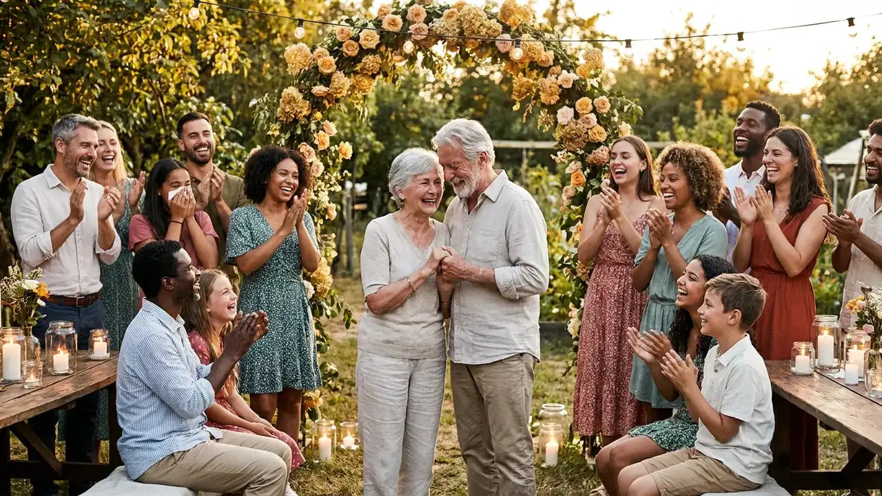 Renouvellement de vœux entouré de la famille pour les noces d'or, 50 ans de mariage