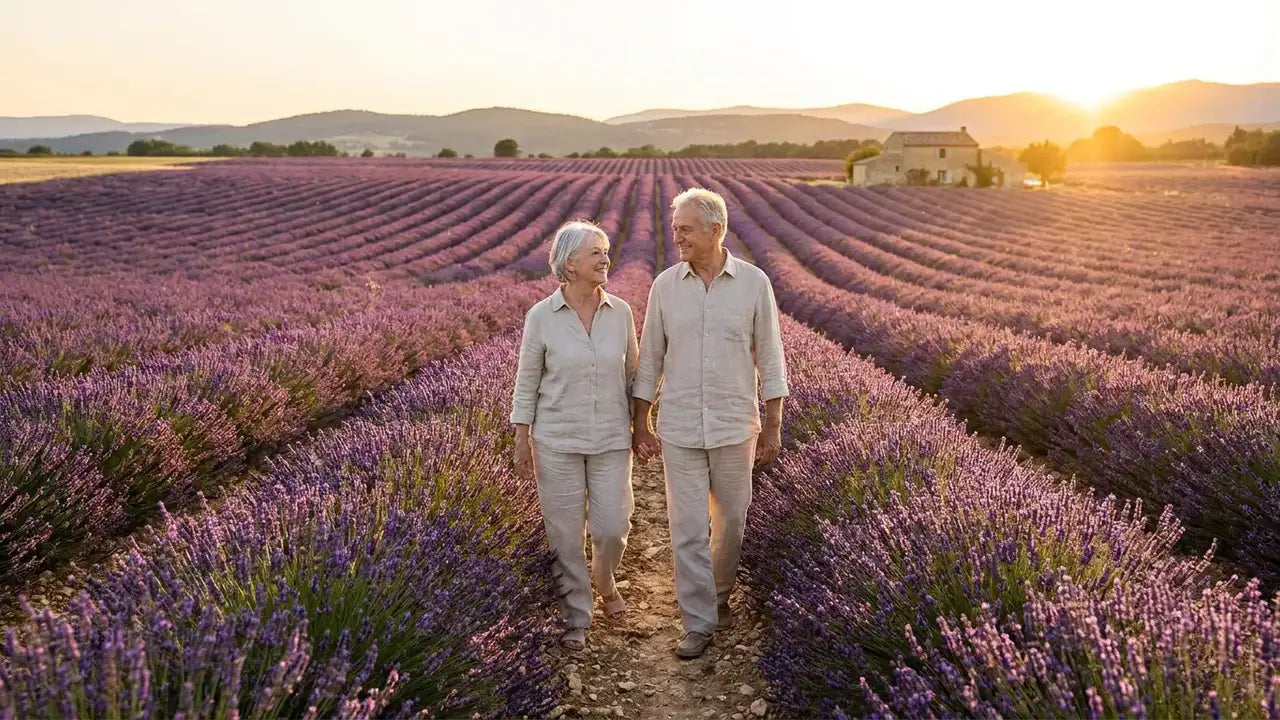 Couple dans les champs de lavande pour ses noces de lavande, 46 ans de mariage
