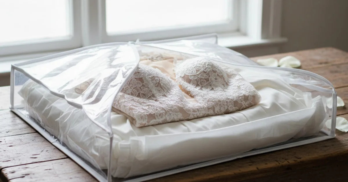 Robe de mariée pliée dans une housse de conservation avec papier de soie