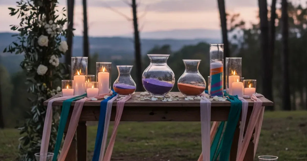Table de cérémonie laïque dressée avec bougies, rubans et vases de sable coloré