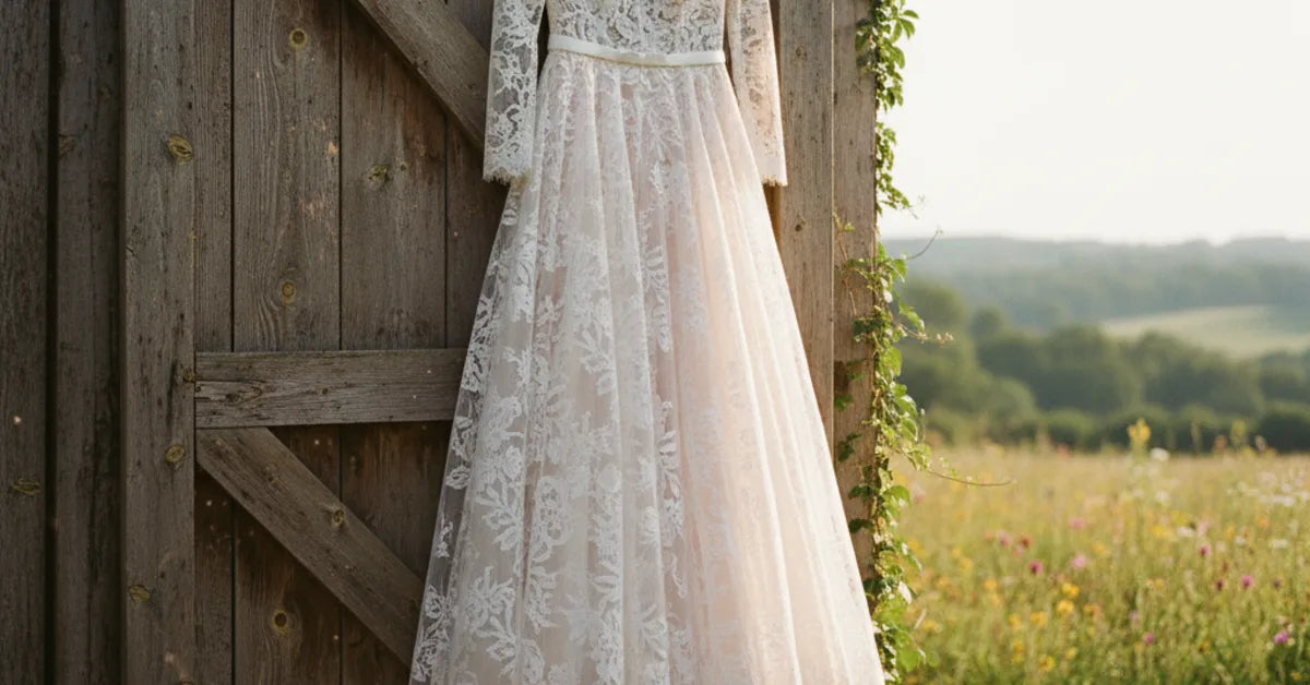 Robe de mariée champêtre en dentelle suspendue à une porte de grange en bois
