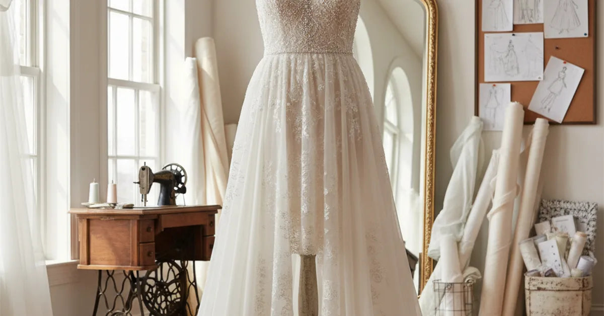 Robe de mariée grande taille coupe empire présentée sur mannequin de couture