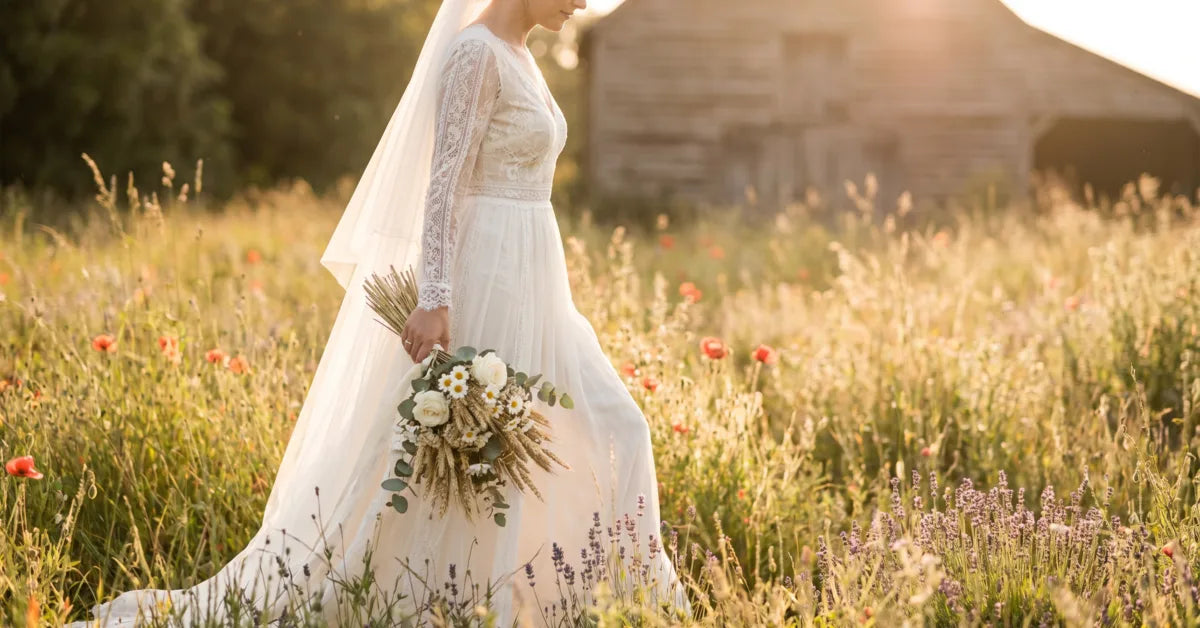 Mariée en robe champêtre dentelle ivoire dans une prairie de fleurs sauvages au golden hour