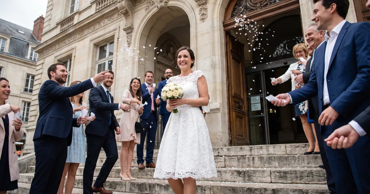 Mariée en robe de mariée cocktail dentelle longueur genou à la sortie de la mairie