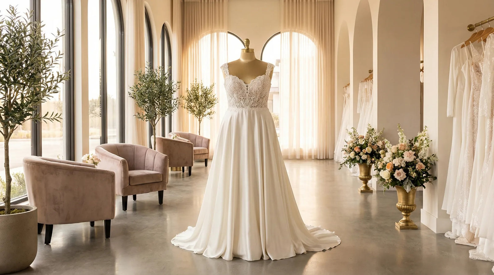 Robe de mariee grande taille elegante sur mannequin dans un showroom lumineux