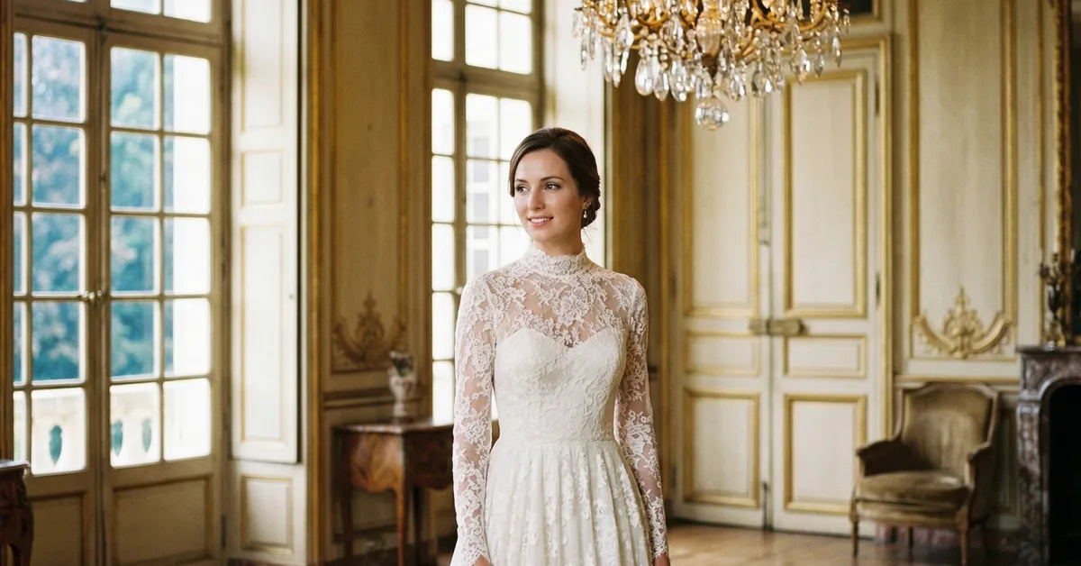 Mariée élégante en robe de mariée à manches longues dans un décor de château