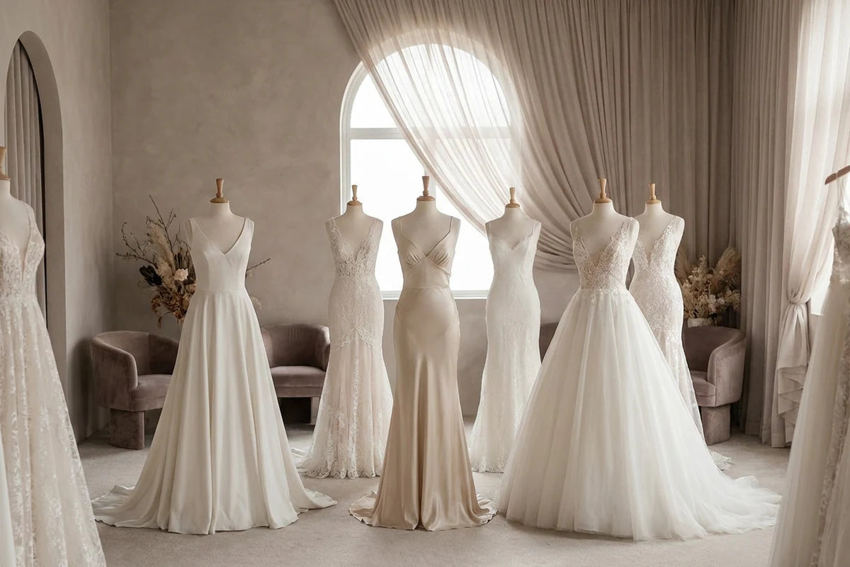 Robes de mariee de differentes silhouettes en boutique selon la morphologie