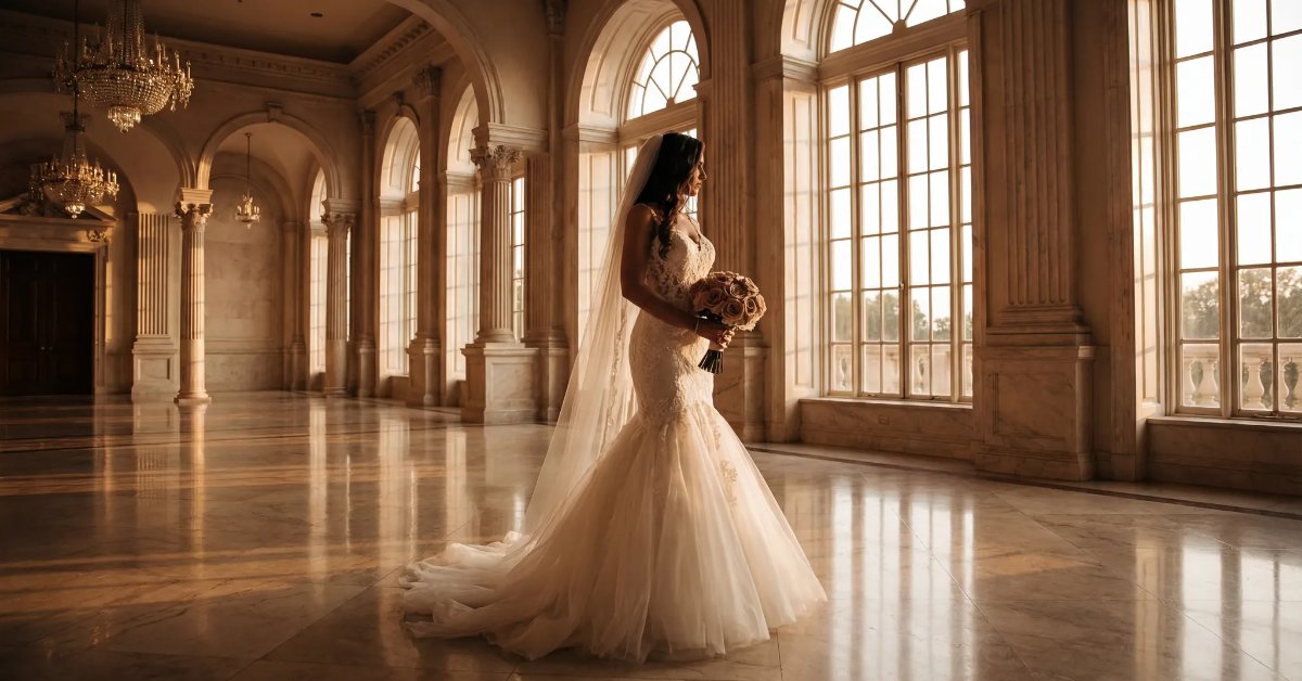 Mariée en robe de mariée sirène ajustée qui s'évase aux genoux dans un décor élégant