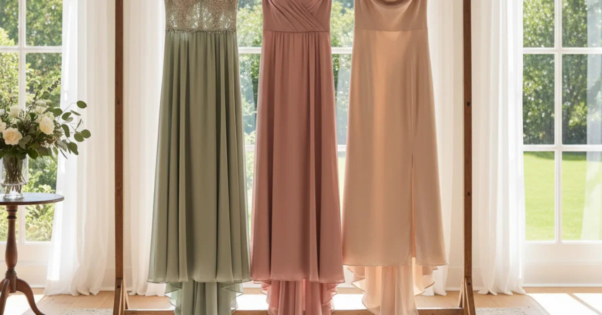 Trois robes de témoin sauge, rose poudré et champagne suspendues côte à côte