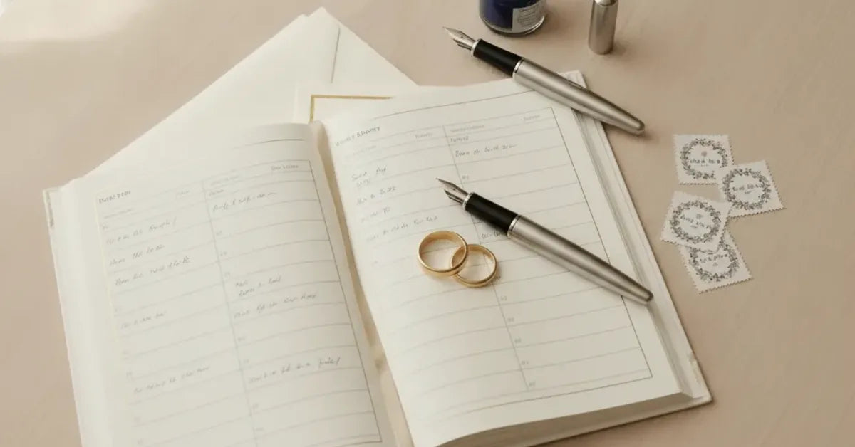 Registre de mariage ouvert avec stylo et alliances posées sur la table de la mairie