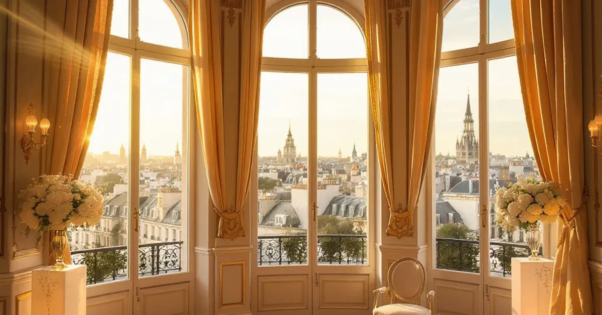 Salle de réception de mariage parisienne élégante avec hautes fenêtres et vue sur les toits de Paris